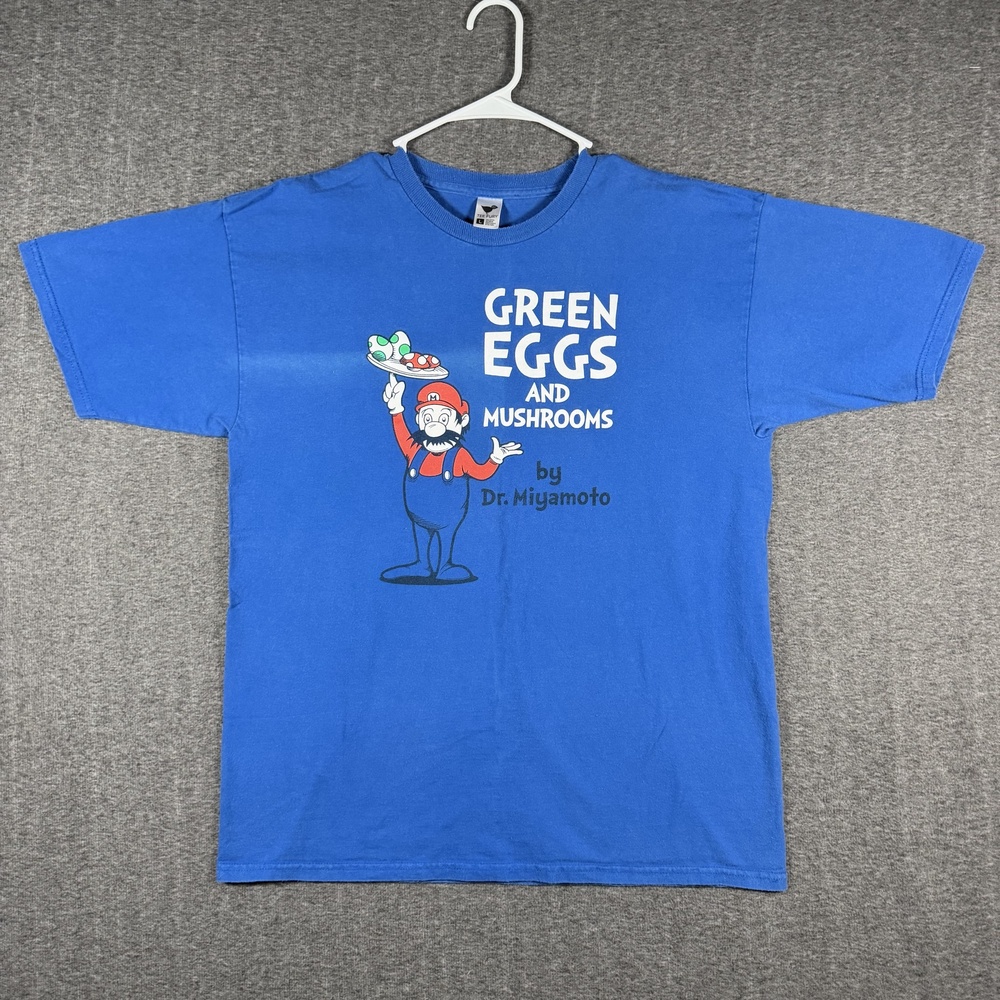 TeeFury Super Mario Green Eggs and Mushrooms T Shirt Large Blue Dr Miyamoto